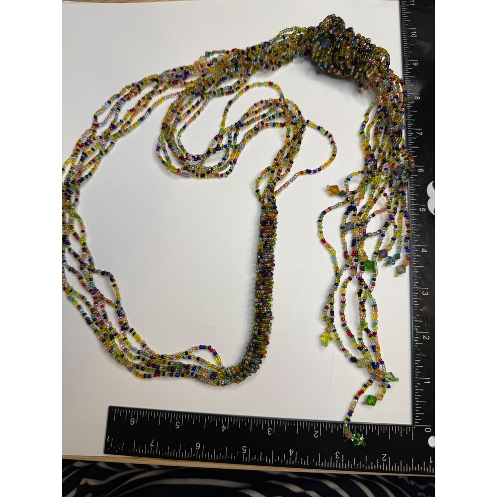 Multi Strand Rainbow Seed Bead Lariat Necklace Boho Glass Bead Long Tassel